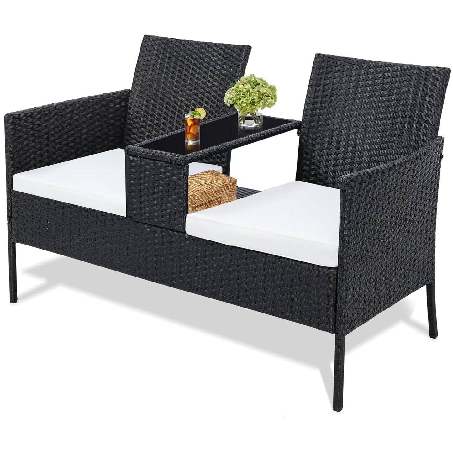 Wicker 2 Seat Patio Loveseat, Outdoor Rattan Loveseat with Table, Washable Cushion Covers, Backyard, Garden, Lawn,, Customized