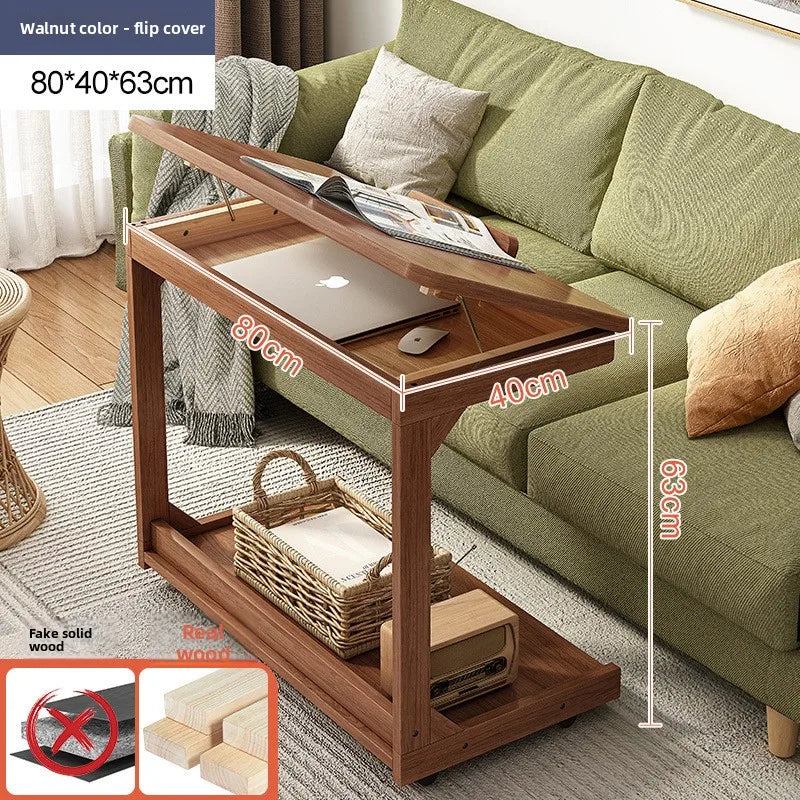 Mobile solid wood coffee table, living room storage rack, living room sofa flip side table, bedroom solid wood bedside table