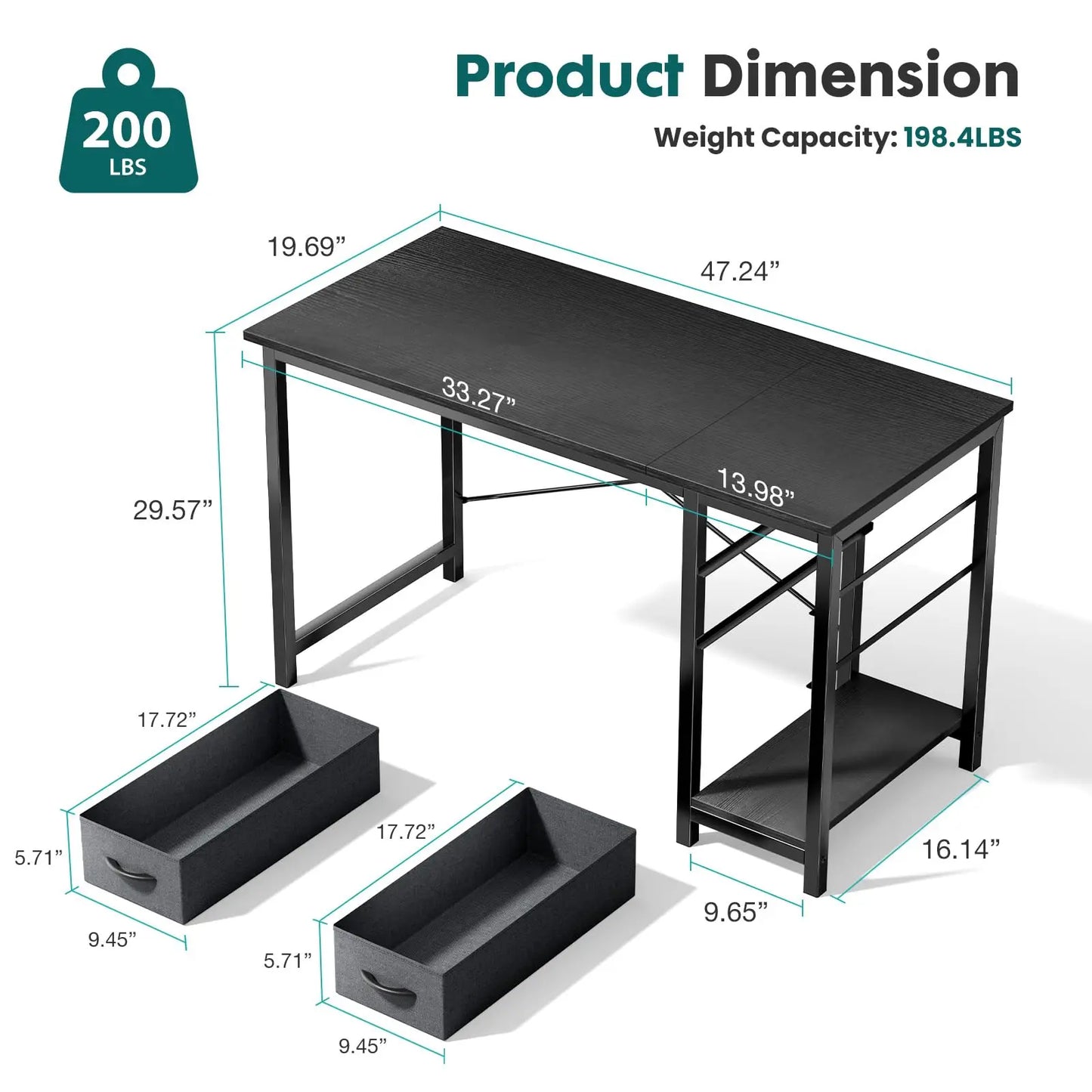 Computer Desk with 2 Drawers For Study Office Gaming Wood Table with Adjustable Position Drawers
