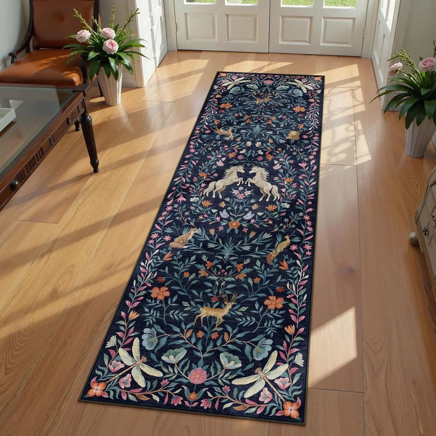 Bug Flower Theme Runner Rug Light Teal Blue Tone Insect Pattern Light Vintage Style Ideal for Nature Themed Home Hallway Deco