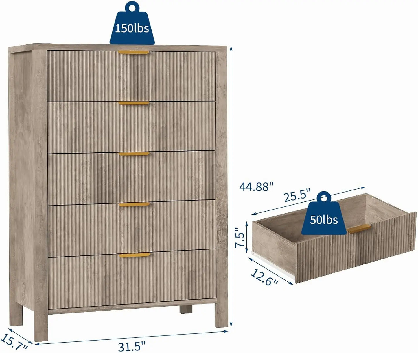 5 Drawers Oak Tall Wooden Dressers with Gold Handles for Closet Storage Cabinet Organizer Drawers for Living Room Bedroom