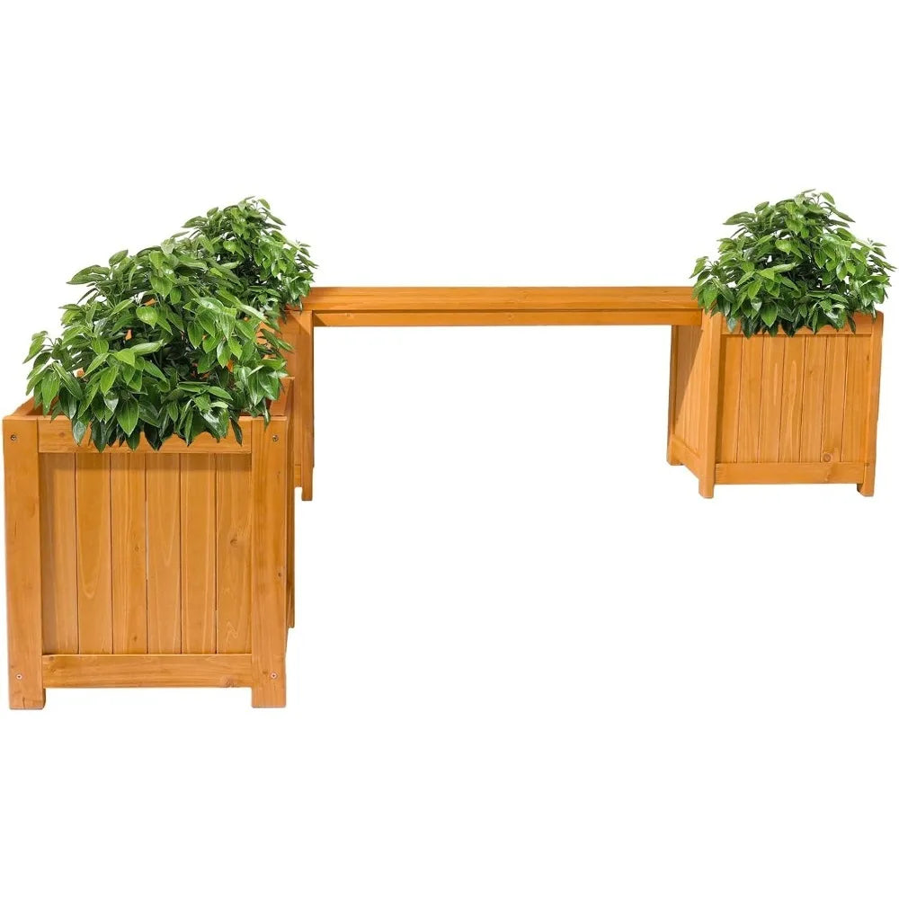 Outdoor Wood Bench with Planter Boxes, 2-in-1 All-Weather Porch Bench Seat ＆ Open-Ended Wooden Raised Garden Bed