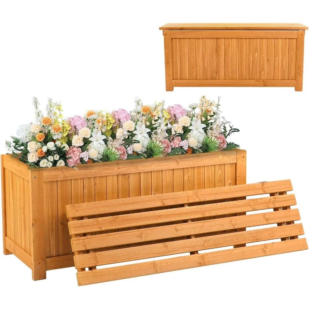 Outdoor Wood Bench with Planter Boxes, 2-in-1 All-Weather Porch Bench Seat ＆ Open-Ended Wooden Raised Garden Bed