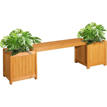 Outdoor Wood Bench with Planter Boxes, 2-in-1 All-Weather Porch Bench Seat ＆ Open-Ended Wooden Raised Garden Bed
