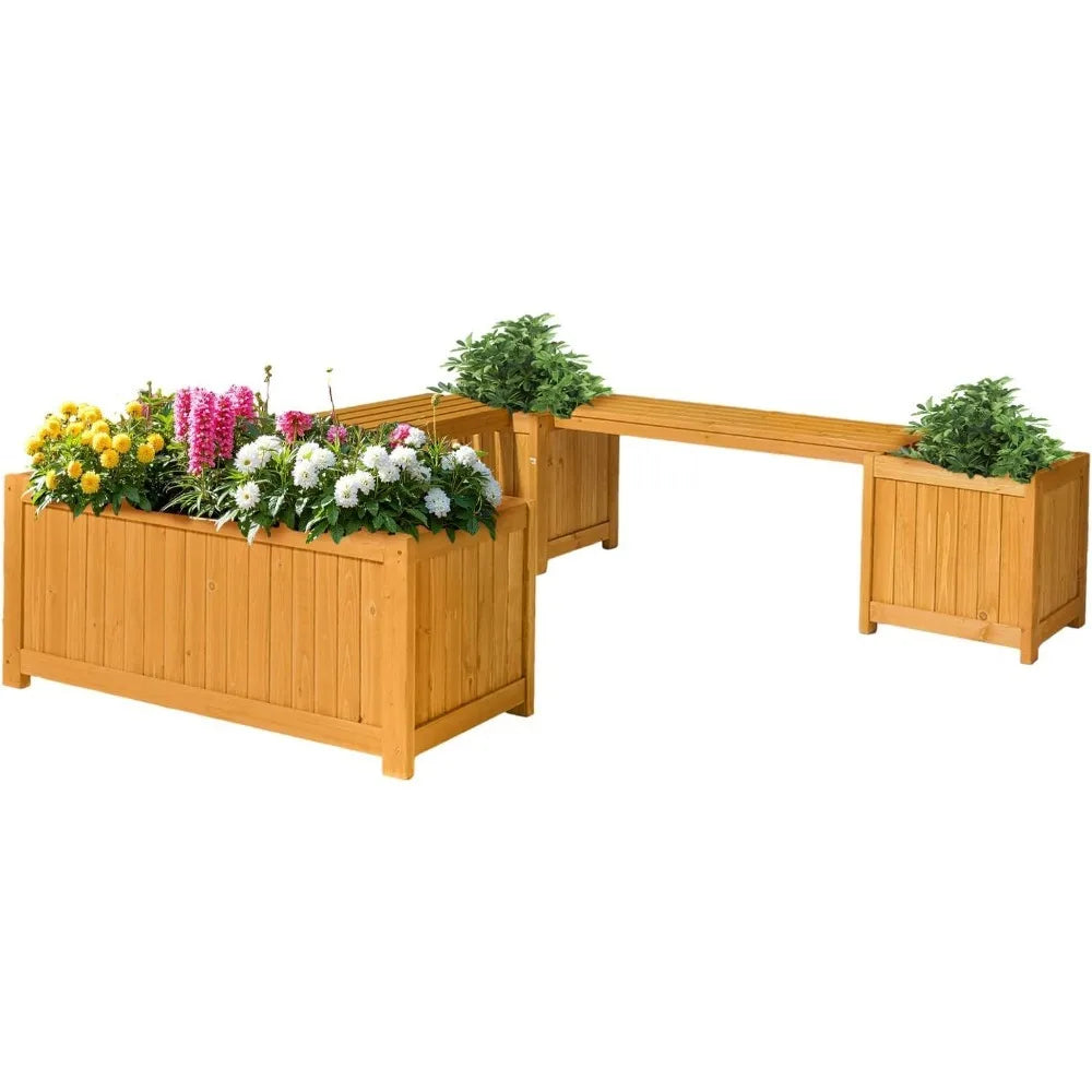 Outdoor Wood Bench with Planter Boxes, 2-in-1 All-Weather Porch Bench Seat ＆ Open-Ended Wooden Raised Garden Bed