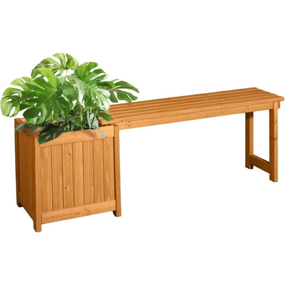Outdoor Wood Bench with Planter Boxes, 2-in-1 All-Weather Porch Bench Seat ＆ Open-Ended Wooden Raised Garden Bed
