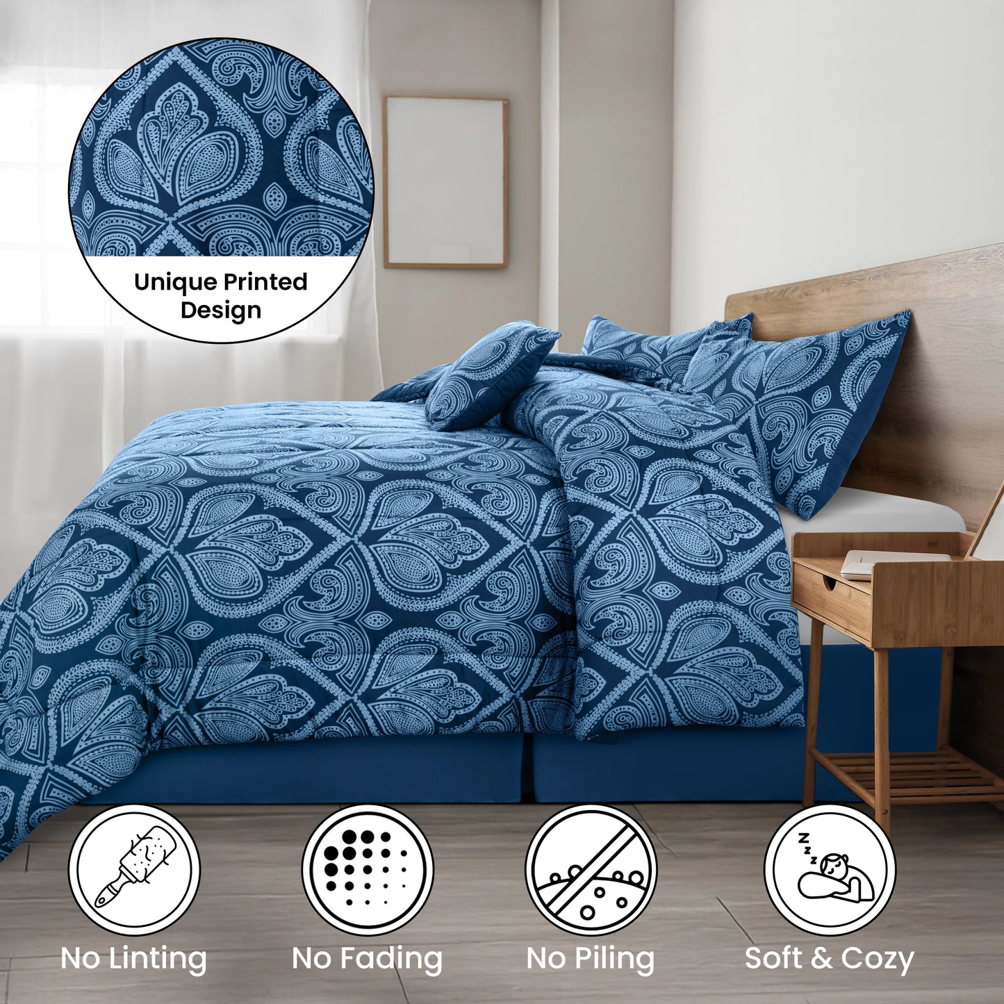 5pc Comforter Set, Printed Bedding Set, Microfiber Bed in a Bag, Includes 1 Comforter, 2 Pillow Shams