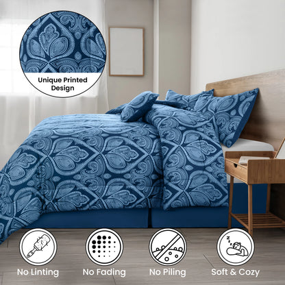 5pc Comforter Set, Printed Bedding Set, Microfiber Bed in a Bag, Includes 1 Comforter, 2 Pillow Shams