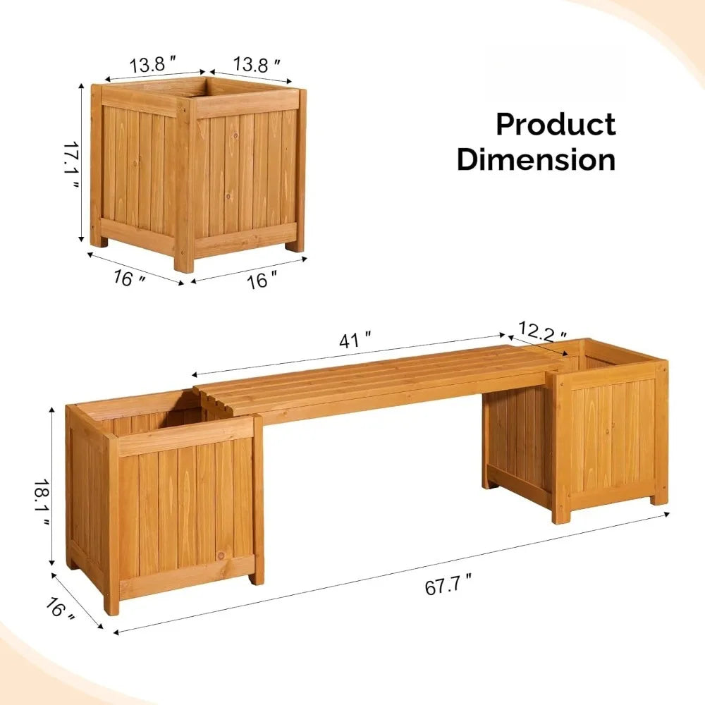 Outdoor Wood Bench with Planter Boxes, 2-in-1 All-Weather Porch Bench Seat ＆ Open-Ended Wooden Raised Garden Bed