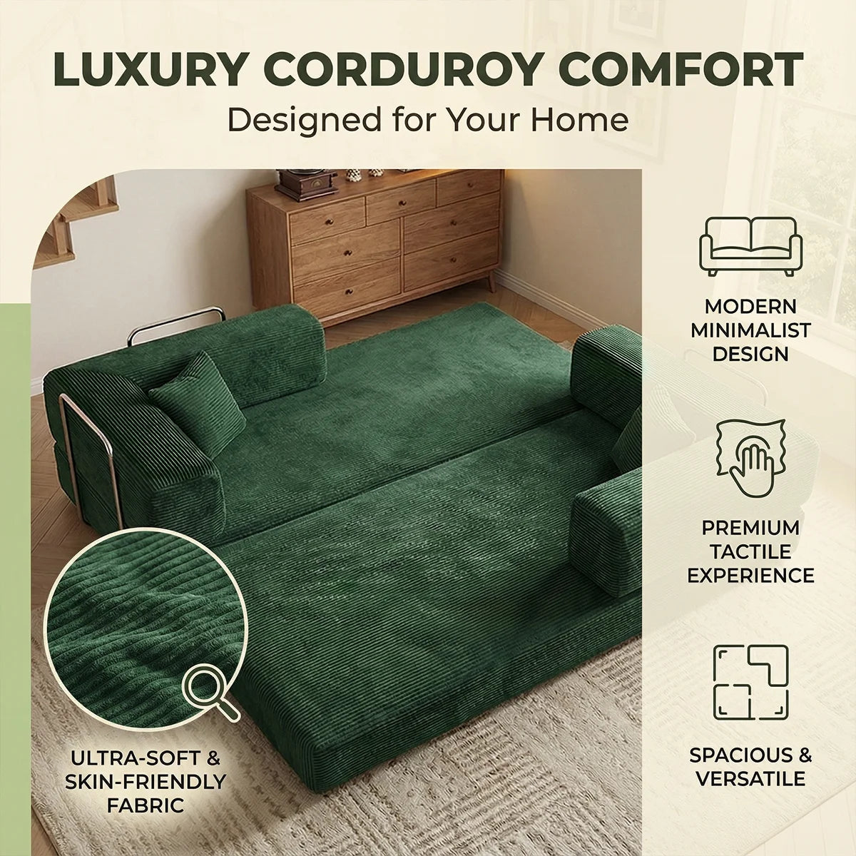 Queen Size Futon Sofa Bed 79' Convertible Couch 4-in-1 Folding Corduroy Boneless Sleeper Loveseat for Living Room