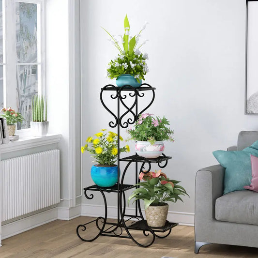 Metal Plant Shelf Flower Display Stand 4 Tier Shelves (Black)