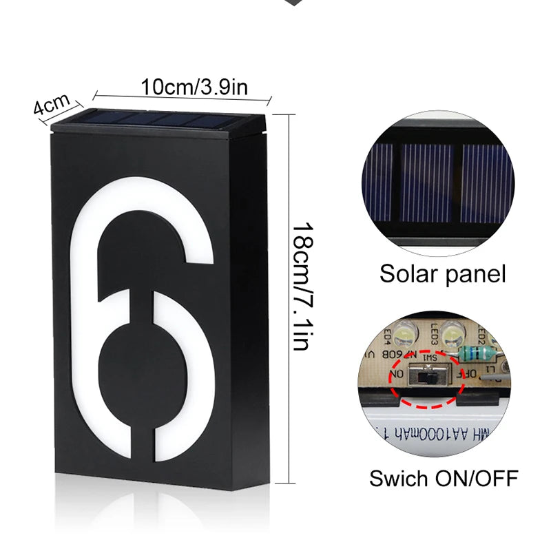 Solar Address Number Plate Sign Lamp Solar Powered House Number Doorplate Lamps 6 LED Lights Hotel Door Digital Solar Light
