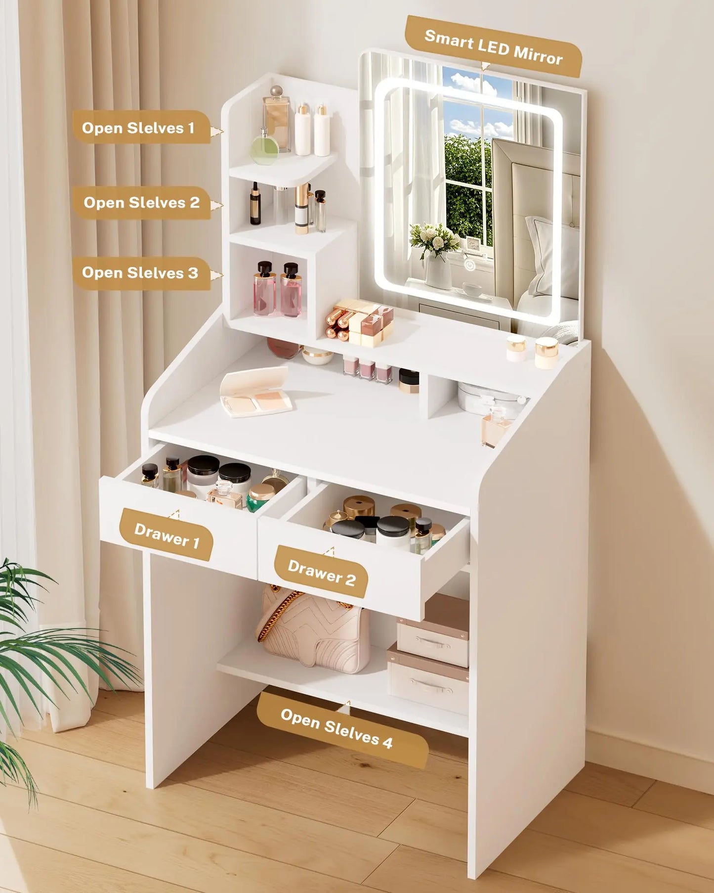 Small Makeup Vanity Desk with LED Mirror & Drawers - White Compact Dressing Table for Bedroom, 2 Drawers