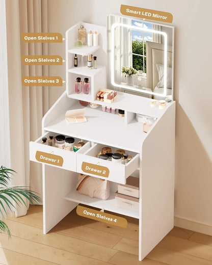 Small Makeup Vanity Desk with LED Mirror & Drawers - White Compact Dressing Table for Bedroom, 2 Drawers