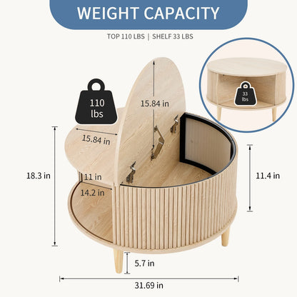 JHK 31IN Round Coffee Table with Flip-Top Storage Fluted Center Table 2-Tier Wood Desktop with Sliding Cabinet Door Living Room