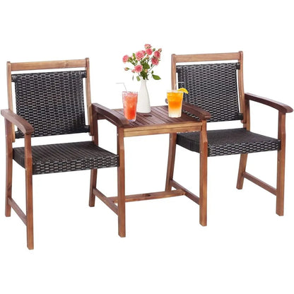 2-Seater Acacia Wood Patio Loveseat with Rattan Wicker, Coffee Table & Parasol Hole, Outdoor Furniture Set for Backyard, Poolsid