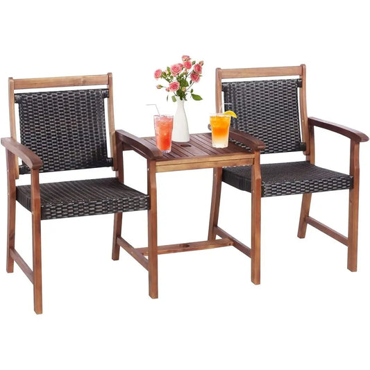 2-Seater Acacia Wood Patio Loveseat with Rattan Wicker, Coffee Table & Parasol Hole, Outdoor Furniture Set for Backyard, Poolsid