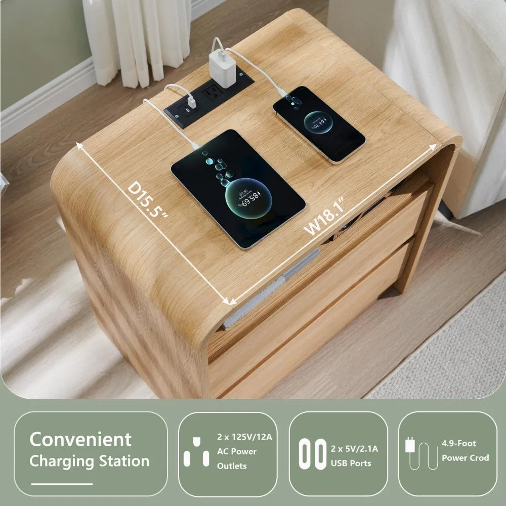 Modern 25 Inch Tall Nightstand with Charging Station, 23.6 Inch Wide Wood Side Table with Two Drawers, Large Mid-Century End Tab