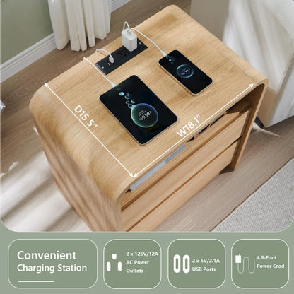 Modern 25 Inch Tall Nightstand with Charging Station, 23.6 Inch Wide Wood Side Table with Two Drawers, Large Mid-Century End Tab
