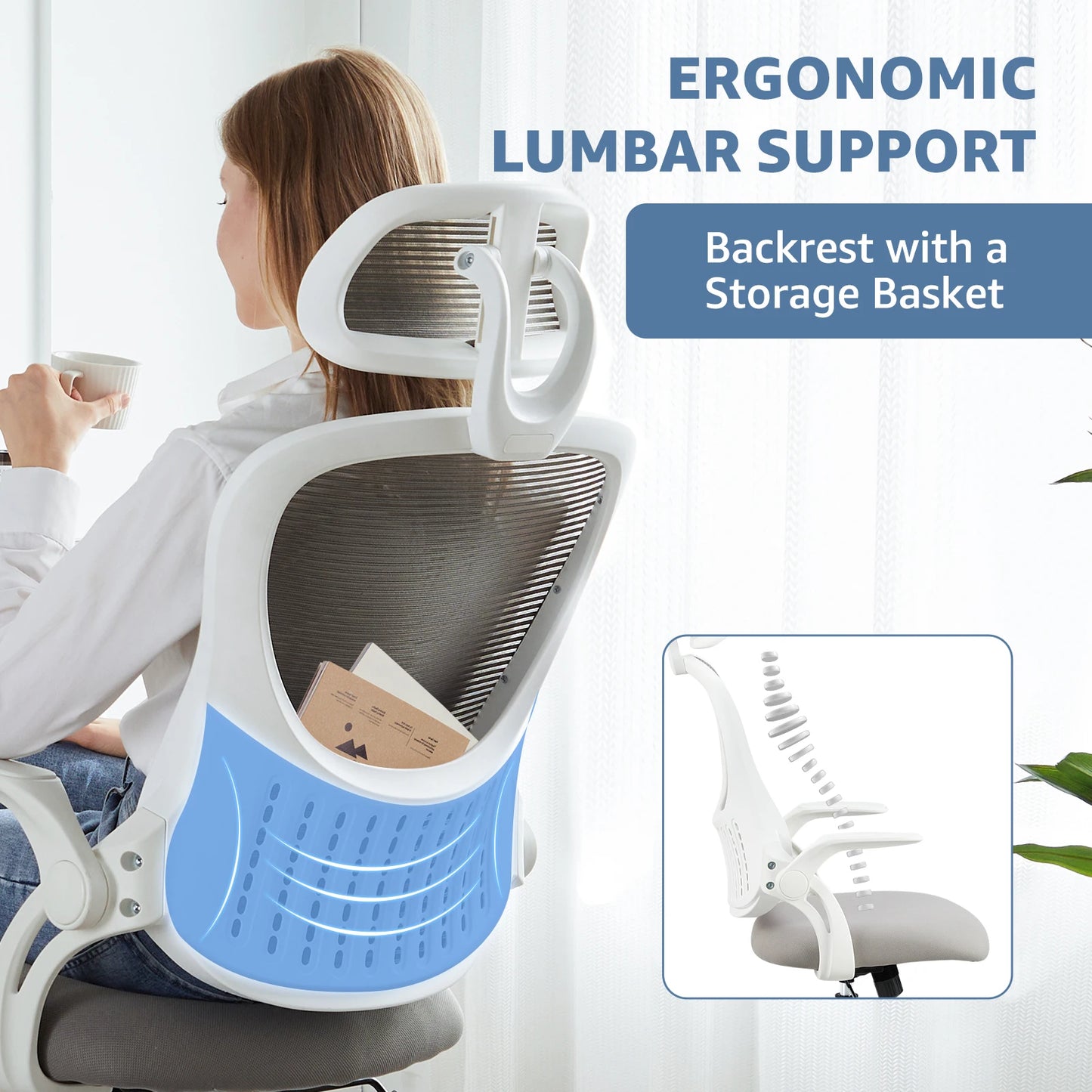 Computer Desk Chair Flip-up Arms Adjustable Headrests Comfortable Lumbar Support