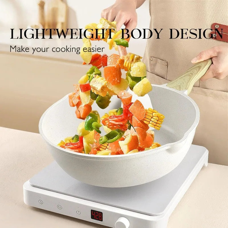 Pots and Pans Set Non Stick - 14 Pcs White Granite Kitchen Cookware Sets Nonstick Induction Cookware Cooking Pan Set with F