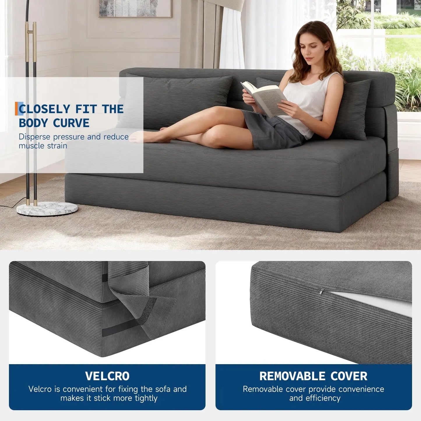 4-in-1 Folding Sofa Bed Convertible Sleeper Soft Corduroy Loveseat Couch with Pillow