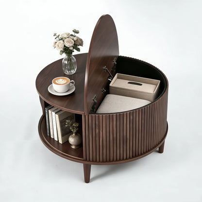 JHK 31IN Round Coffee Table with Flip-Top Storage Fluted Center Table 2-Tier Wood Desktop with Sliding Cabinet Door Living Room