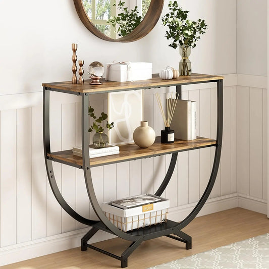3-Tier Industrial Console Table with Storage, 30" Height