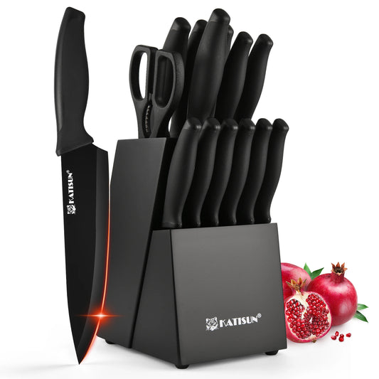 15 Pieces Carbon Steel Kitchen Knife Block Set,