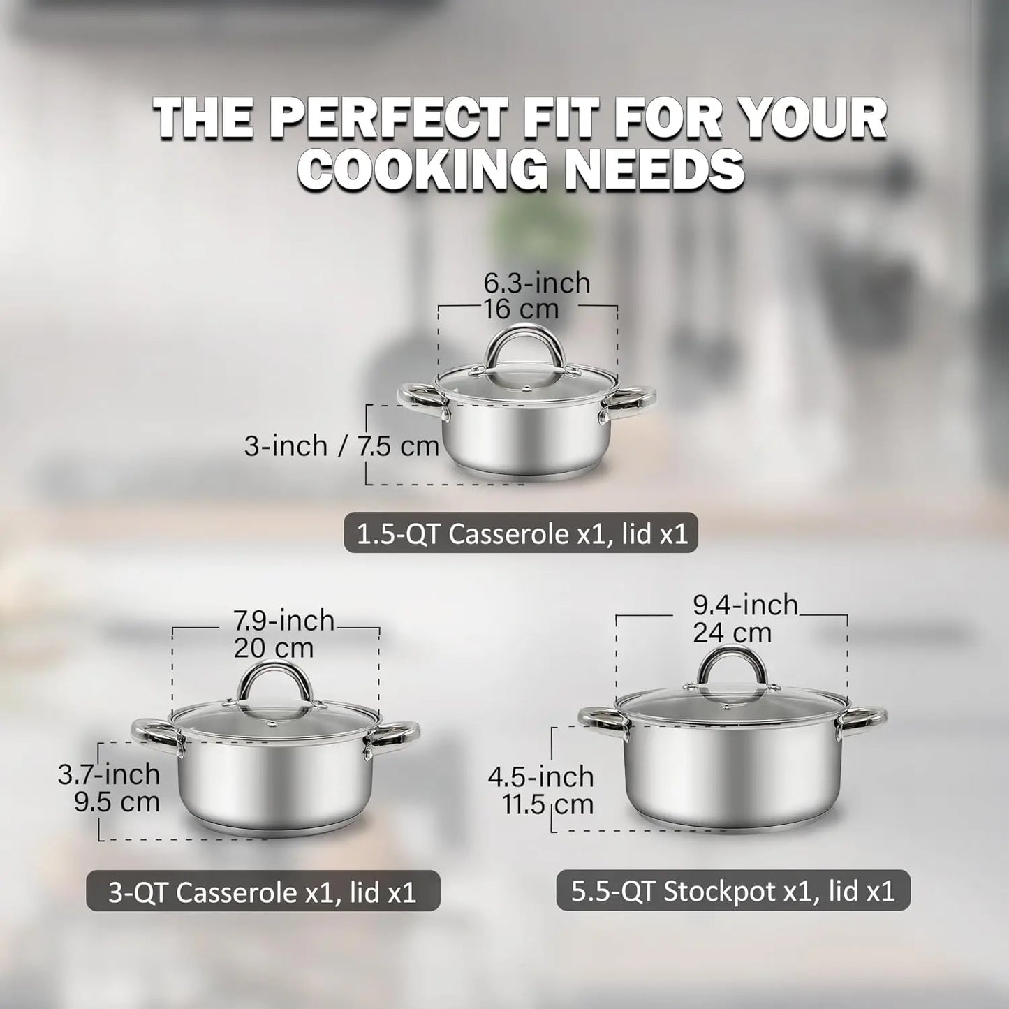 Stainless Steel Stock Pot Set with Glass Lids,