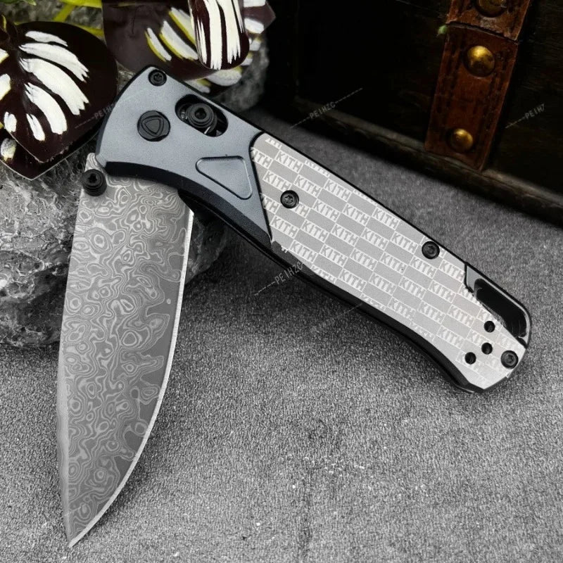 BM 535 Bugout Folding Pocket Knife, 3.15 Inch Stonewashed D2 Steel Blade Engraved Pattern Aluminum Handle 7.36 Inch Overall Length EDC Utility Knife, 4.21 Inch Compact Fold Size for Camping Hiking Bushcraft Daily Carry & Coll