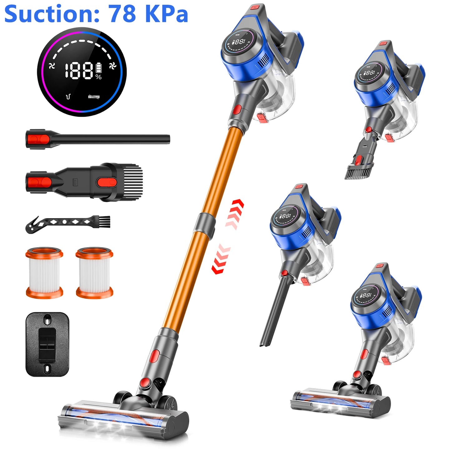 Honki Cordless Vacuum Cleaner 78KPA 45Mins 6*2200mAh Lightweight Stick Vacuum Cleaner for Home Hardwood Floor Carpet Pet Hair