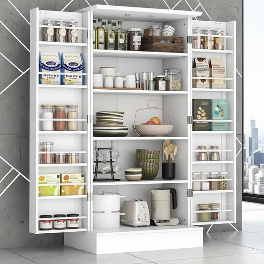 White Freestanding Kitchen Pantry Cabinet with Doors and Adjustable Shelves,