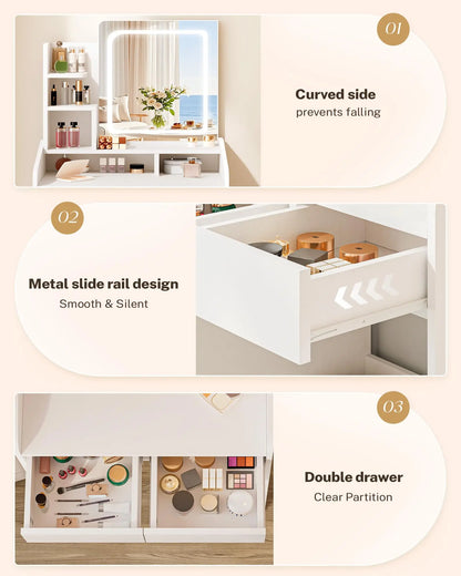 Small Makeup Vanity Desk with LED Mirror & Drawers - White Compact Dressing Table for Bedroom, 2 Drawers