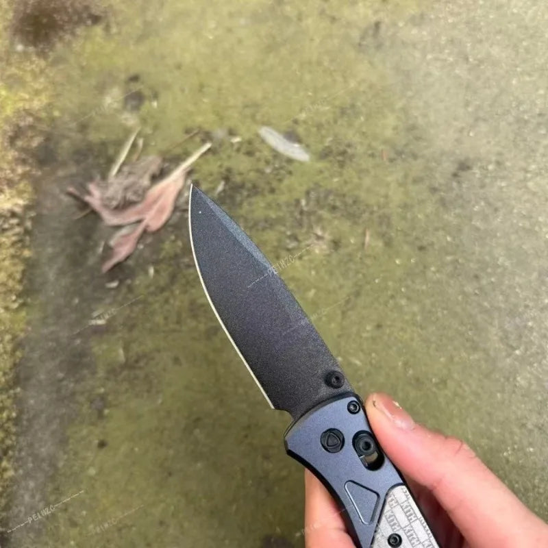 BM 535 Bugout Folding Pocket Knife, 3.15 Inch Stonewashed D2 Steel Blade Engraved Pattern Aluminum Handle 7.36 Inch Overall Length EDC Utility Knife, 4.21 Inch Compact Fold Size for Camping Hiking Bushcraft Daily Carry & Coll