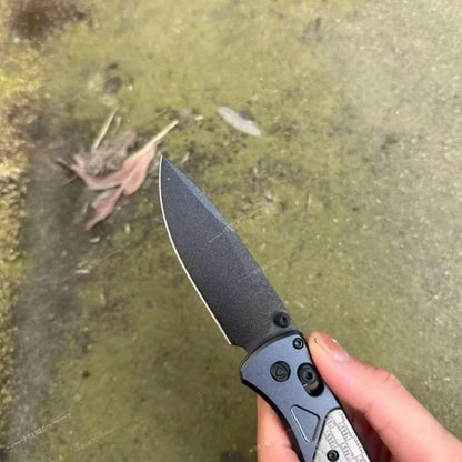 BM 535 Bugout Folding Pocket Knife, 3.15 Inch Stonewashed D2 Steel Blade Engraved Pattern Aluminum Handle 7.36 Inch Overall Length EDC Utility Knife, 4.21 Inch Compact Fold Size for Camping Hiking Bushcraft Daily Carry & Coll