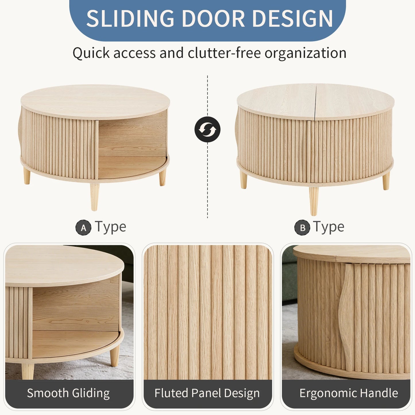 JHK 31IN Round Coffee Table with Flip-Top Storage Fluted Center Table 2-Tier Wood Desktop with Sliding Cabinet Door Living Room