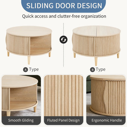 JHK 31IN Round Coffee Table with Flip-Top Storage Fluted Center Table 2-Tier Wood Desktop with Sliding Cabinet Door Living Room