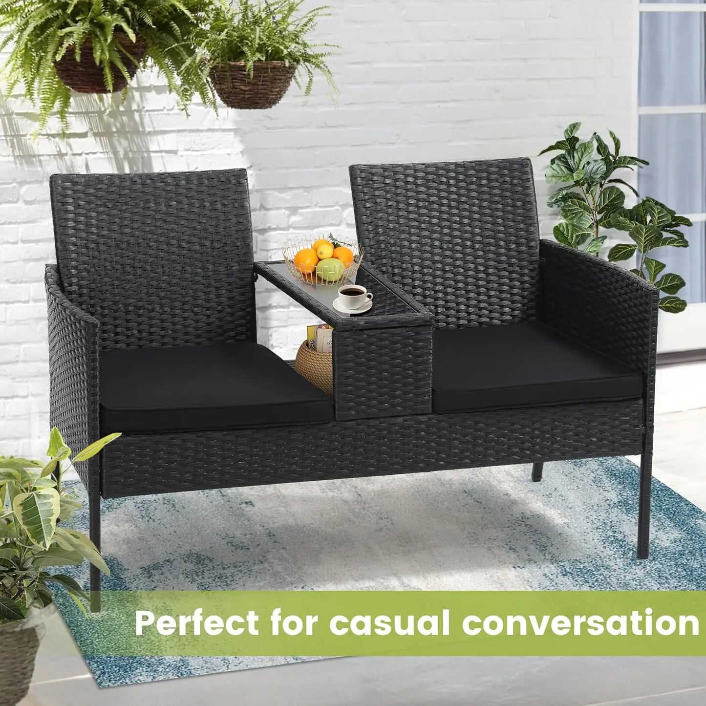 Wicker 2 Seat Patio Loveseat, Outdoor Rattan Loveseat with Table, Washable Cushion Covers, Backyard, Garden, Lawn,, Customized