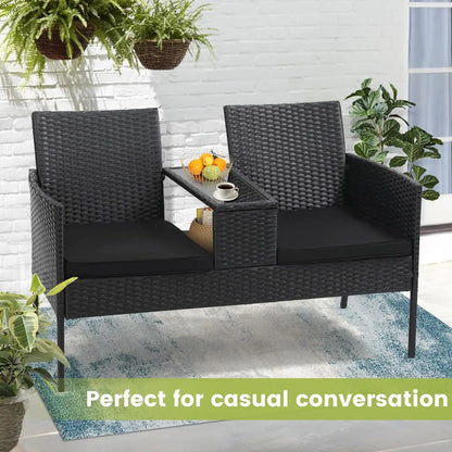 Wicker 2 Seat Patio Loveseat, Outdoor Rattan Loveseat with Table, Washable Cushion Covers, Backyard, Garden, Lawn,, Customized