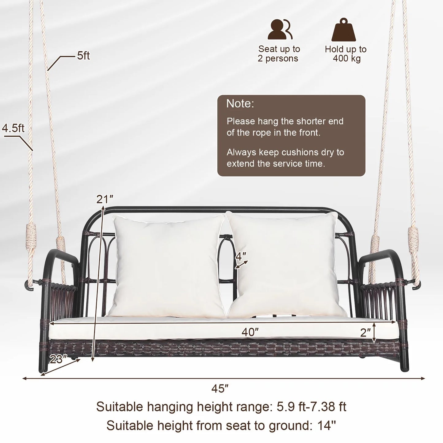 Wicker Porch Swing 2-Person Outdoor Patio Hanging Chair w/ Cushions Mix Brown