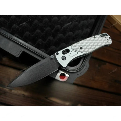 BM 535 Bugout Folding Pocket Knife, 3.15 Inch Stonewashed D2 Steel Blade Engraved Pattern Aluminum Handle 7.36 Inch Overall Length EDC Utility Knife, 4.21 Inch Compact Fold Size for Camping Hiking Bushcraft Daily Carry & Coll