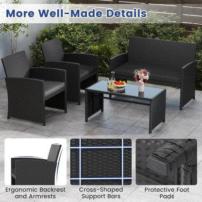 4 Pieces Patio Wicker Furniture Set, Outdoor Heavy Duty Rattan Cushioned Chairs, Loveseat and Tempered Glass Coffee, Customized