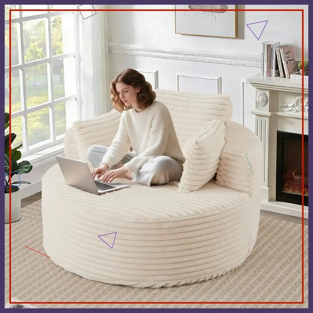 50'' Oversized Round Chaise Lounge Chair, Corduroy Cloud Couch Bed, Comfy Deep Seat, No Assembly, for Living Room, Beige