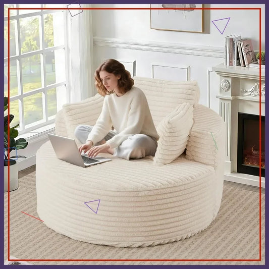 50'' Oversized Round Chaise Lounge Chair, Corduroy Cloud Couch Bed, Comfy Deep Seat, No Assembly, for Living Room, Beige