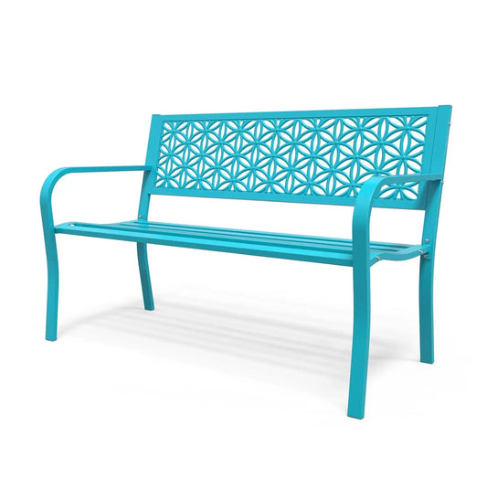 50" Metal Garden Bench Floral Back, Outdoor Porch Yard Patio Park Entryway, 800lb Capacity, Customized