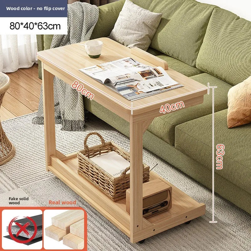 Mobile solid wood coffee table, living room storage rack, living room sofa flip side table, bedroom solid wood bedside table