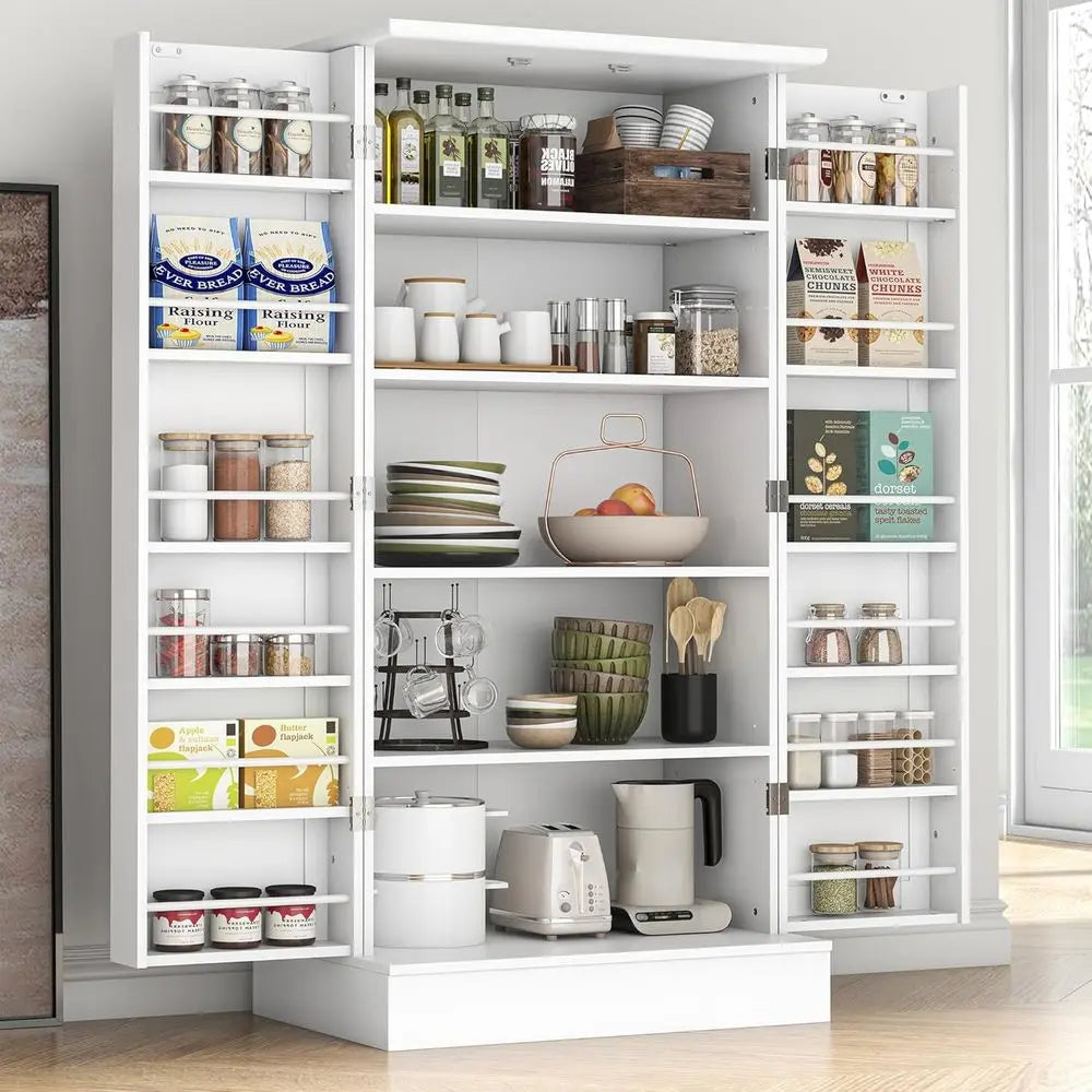White Freestanding Kitchen Pantry Cabinet with Doors and Adjustable Shelves,