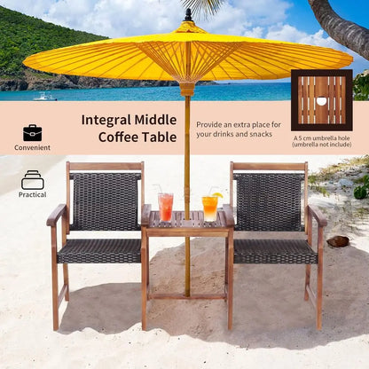 2-Seater Acacia Wood Patio Loveseat with Rattan Wicker, Coffee Table & Parasol Hole, Outdoor Furniture Set for Backyard, Poolsid