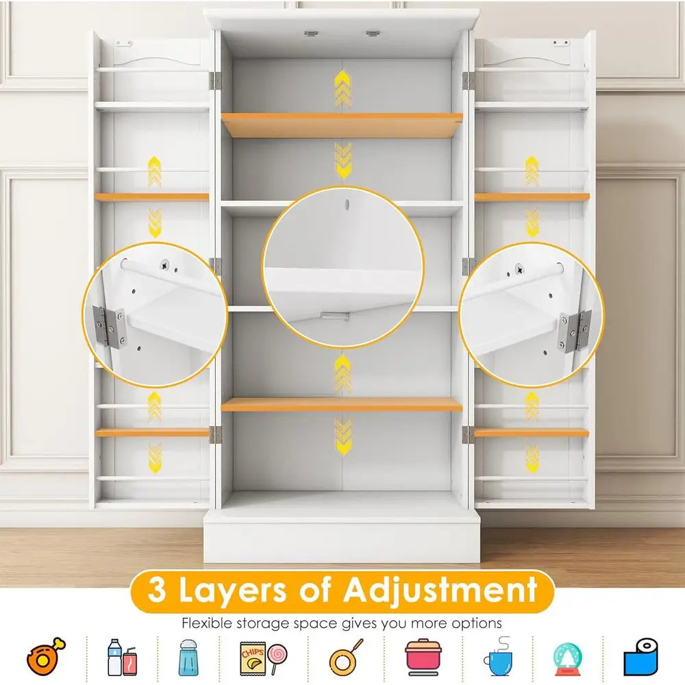 White Freestanding Kitchen Pantry Cabinet with Doors and Adjustable Shelves,